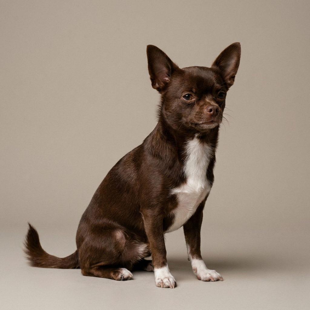 Kurzhaariger Chihuahua in schokoladenbraunem Fell mit weißer Brust sitzt vor hellem Hintergrund