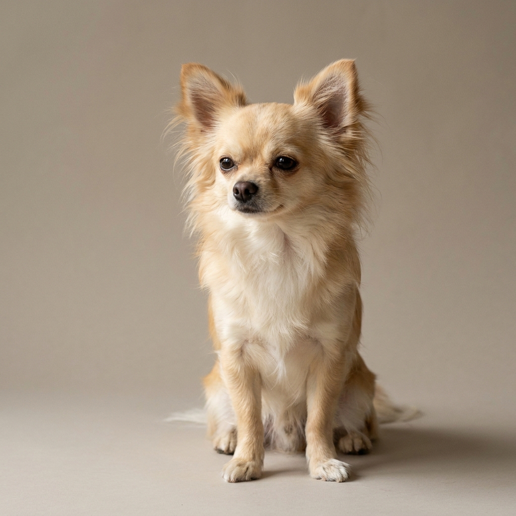 Langhaariger Chihuahua in cremefarbenem Fell sitzt vor hellem Hintergrund